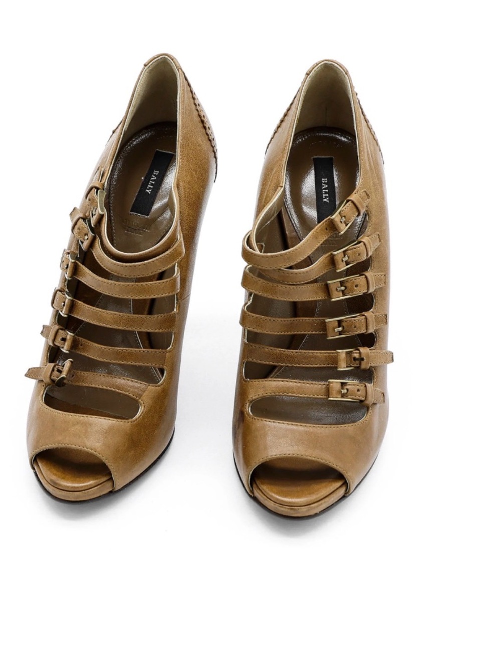 🧡Bally Cognac Multi-Strap Peep-Toe Heels